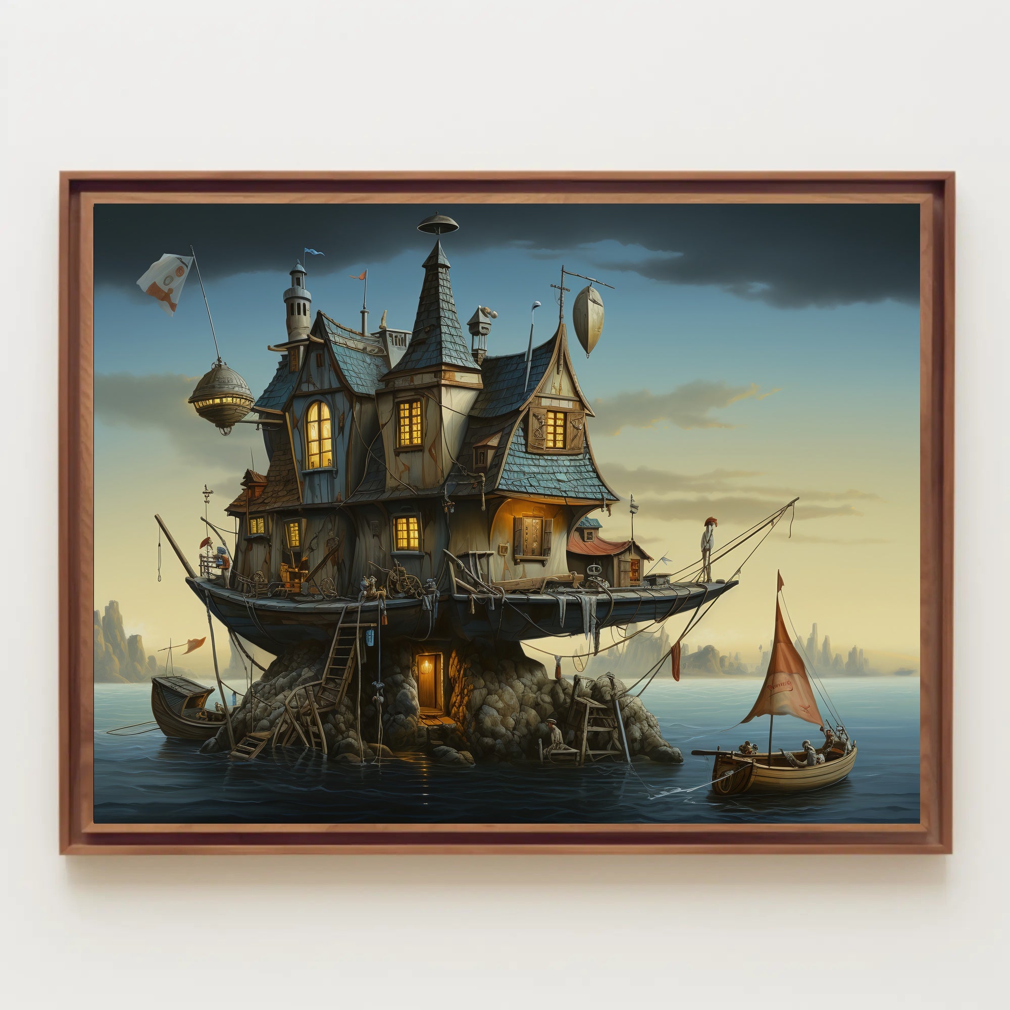 Whimsical Houseboat at Dusk in Fantasy Poster