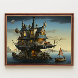 Whimsical Houseboat at Dusk in Fantasy Poster