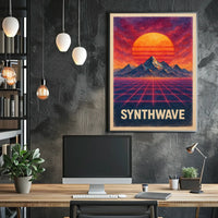 Neo-Retro Synthwave Sunset Landscape - Futuristic Sci-Fi Poster