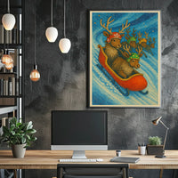 Whimsical Reindeer Sledding Festive Holiday Poster Art