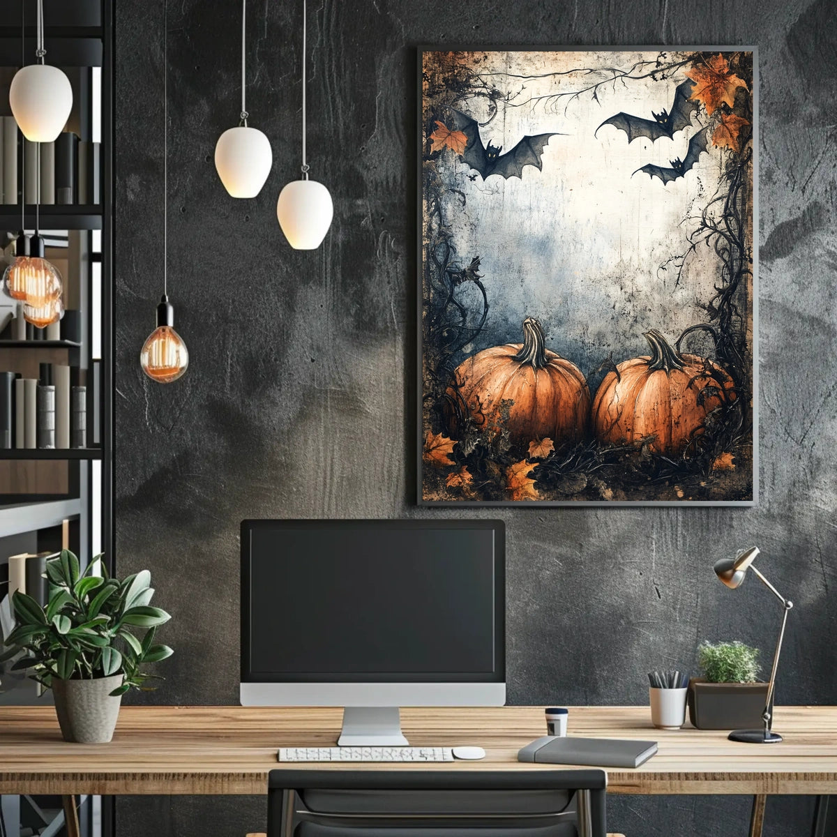 Halloween Pumpkins and Bats Vintage Artistic Poster