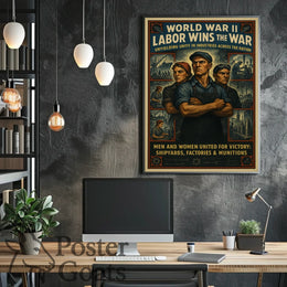 WWII Industrial Workforce Unity Vintage WWII Poster