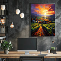 Vibrant Vineyard Sunset Landscape Impressionistic Artistic Poster