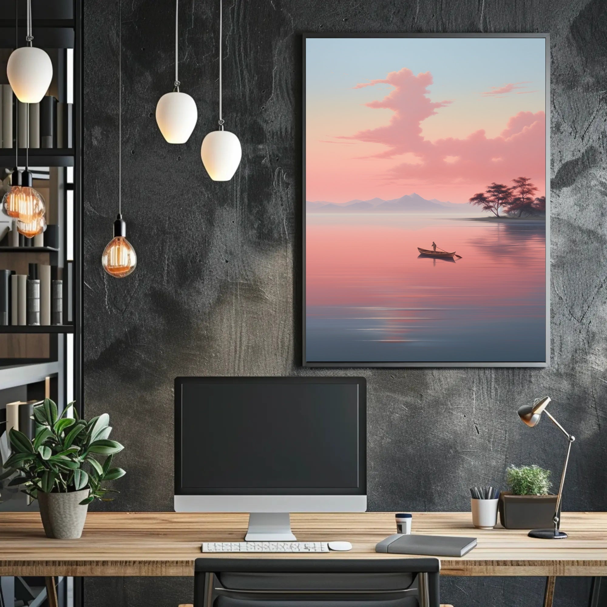 Tranquil Rowboat Scene: Minimalist Nature Inspired Artistic Poster