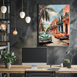 Vintage Cars In A Tropical Street Poster
