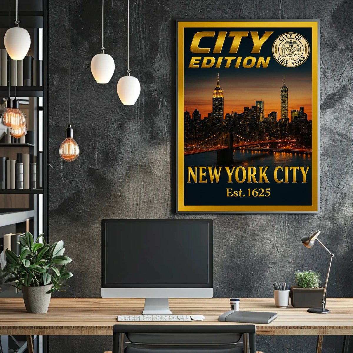 New York City Skyline Sunset Poster Vintage Wall Art