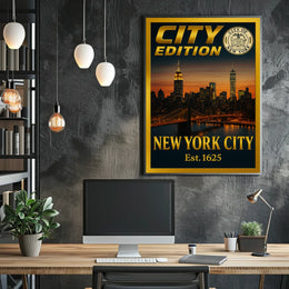 New York City Skyline Sunset Poster Vintage Wall Art