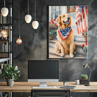 Golden Retriever On Front Porch Patriotic Bandana Poster