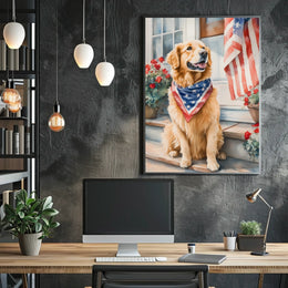Golden Retriever On Front Porch Patriotic Bandana Poster