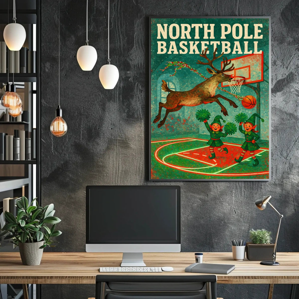 Whimsical Reindeer Dunk with Elves Sports Poster