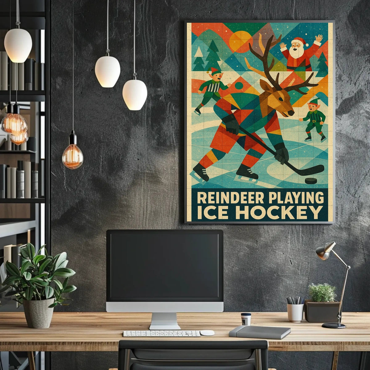 Reindeer Playing Ice Hockey Poster