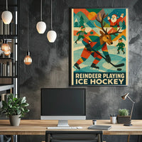 Reindeer Playing Ice Hockey Poster