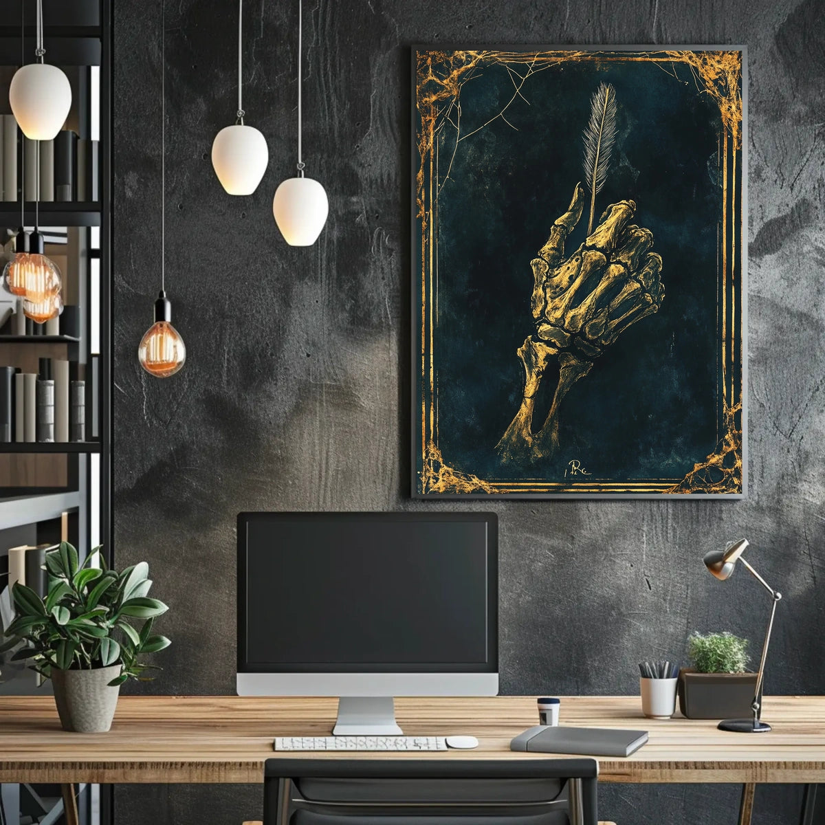 Skeletal Hand Feather Quill Artistic Gothic Style Poster