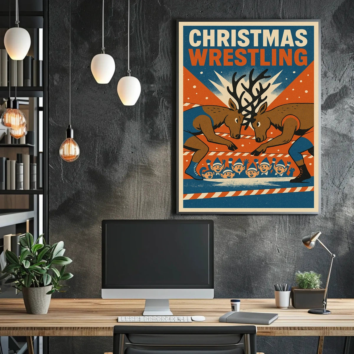 Christmas Wrestling Reindeer Vintage Holiday Poster Art