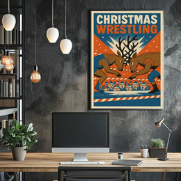 Christmas Wrestling Reindeer Vintage Holiday Poster Art