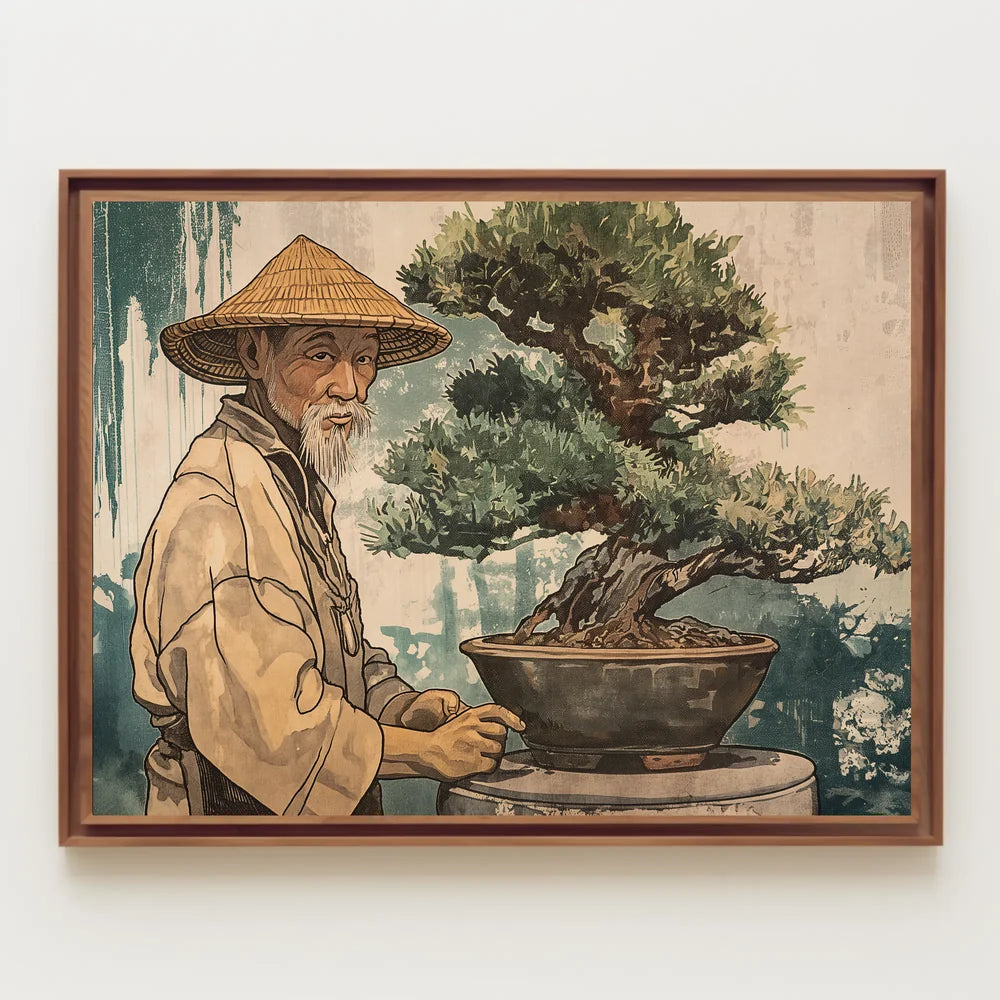 Elderly Man Bonsai Art Poster Vintage Style