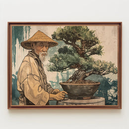 Elderly Man Bonsai Art Poster Vintage Style