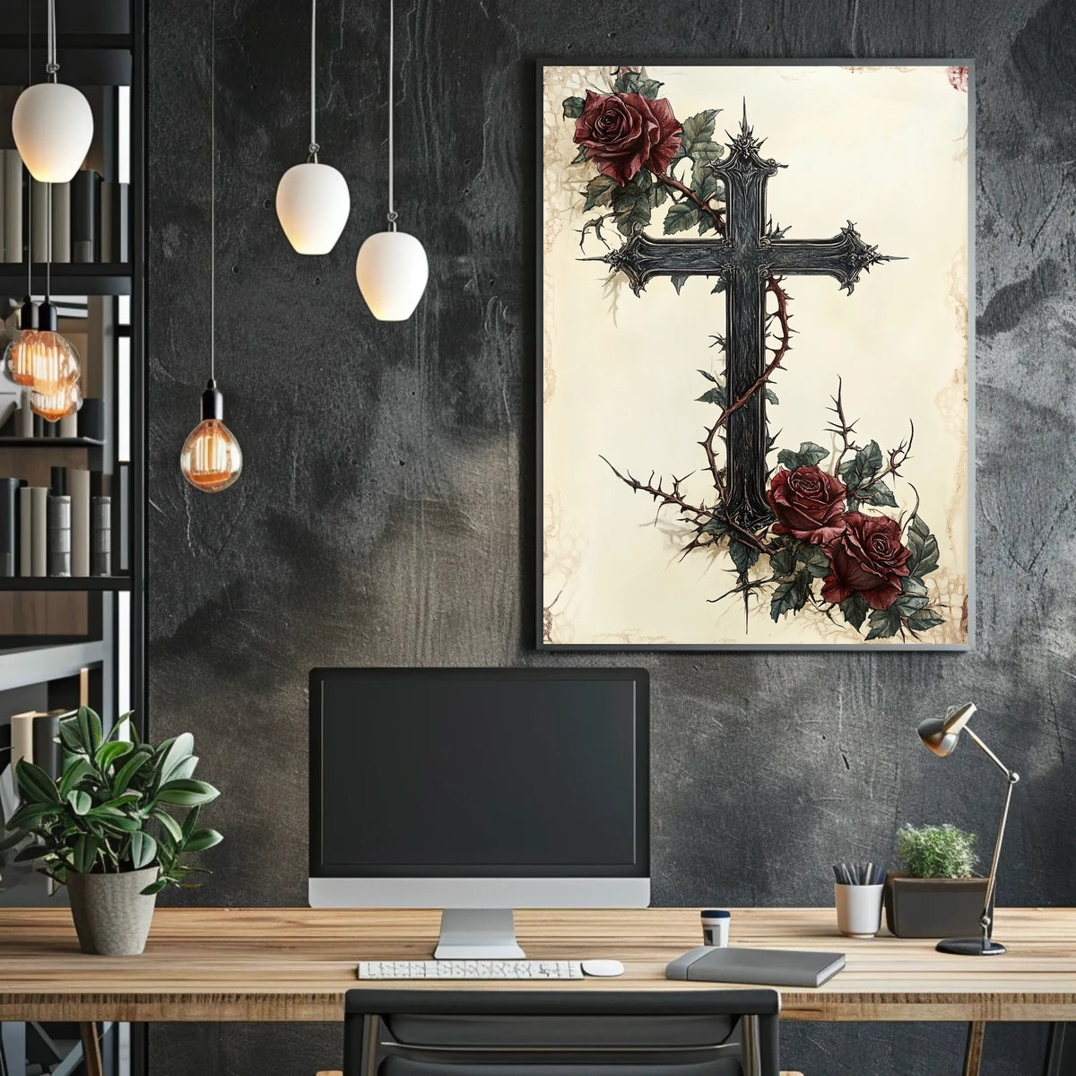 Gothic Cross with Roses Art Print Poster