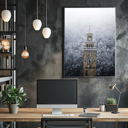 Snow-Covered Clock Tower Poster