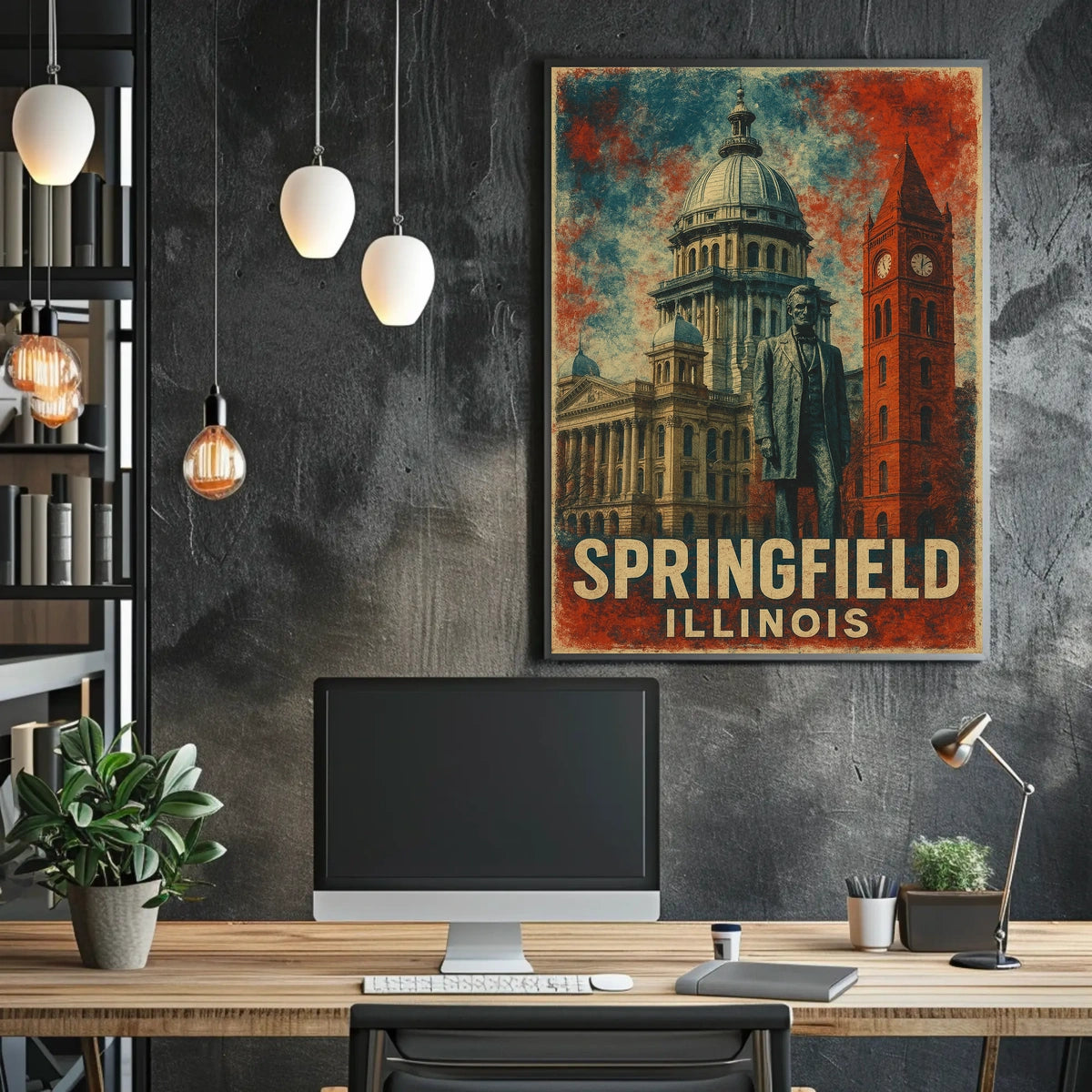 Springfield Illinois Vintage Landmarks Travel Architecture Cultural Heritage Folk Art Poster