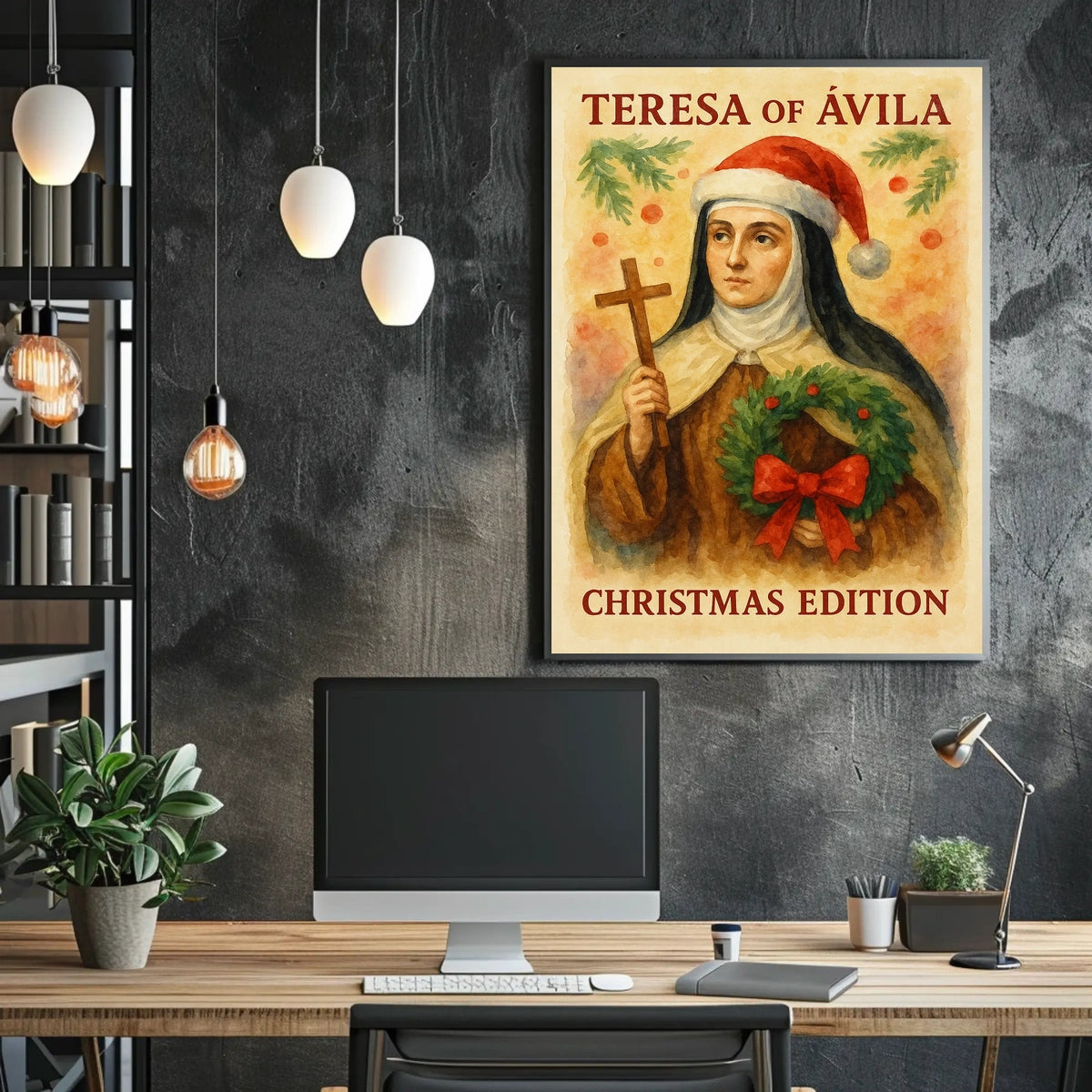 Festive Nun Artistic Poster with Christmas and Religious Elements
