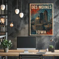 Des Moines Cityscape Vintage Travel Home Decor Poster