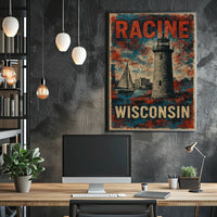 Racine Wisconsin Lighthouse Coastal Watercolor Poster