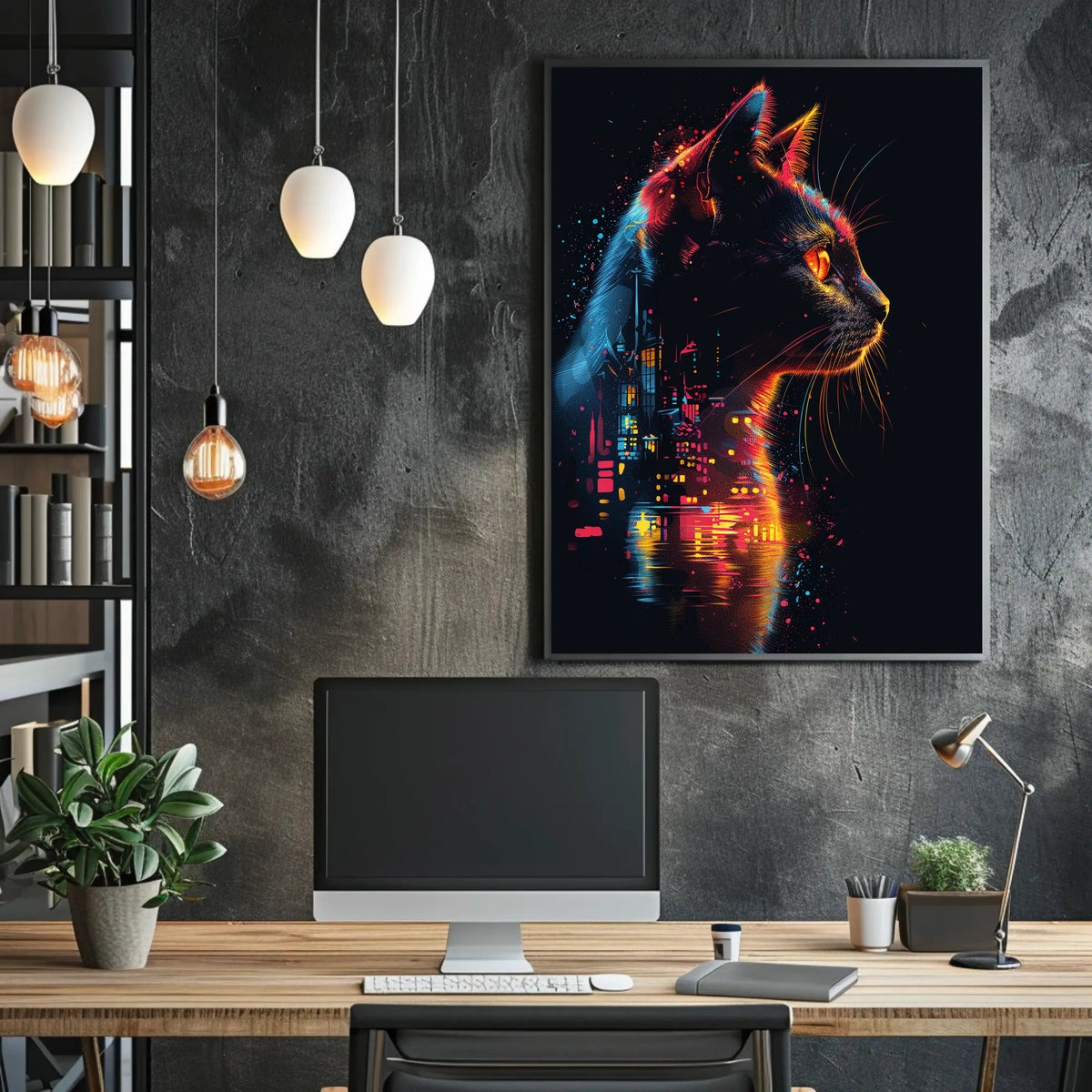 Neon Cat in Futuristic Cityscape Poster