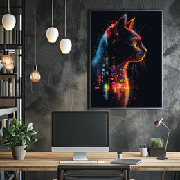 Neon Cat in Futuristic Cityscape Poster