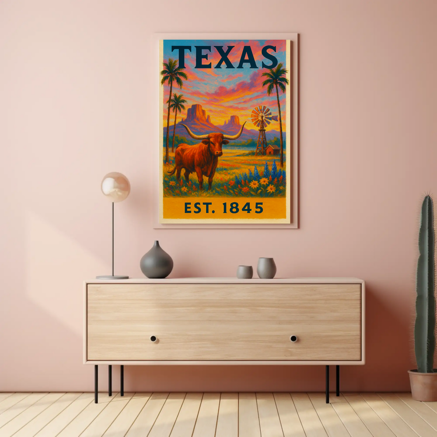 Texas Sunset Longhorn Windmill Landscape Travel Poster
