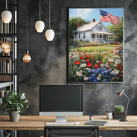 Classic White American Farmhouse With American Flag Poster