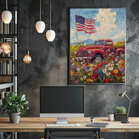 red pickup truck parked in a flower Poster