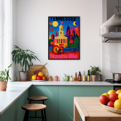 Tennessee Nashville Capitol Guitar Music City Vintage Travel Poster
