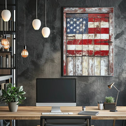 wooden barn door with faded American flag Poster