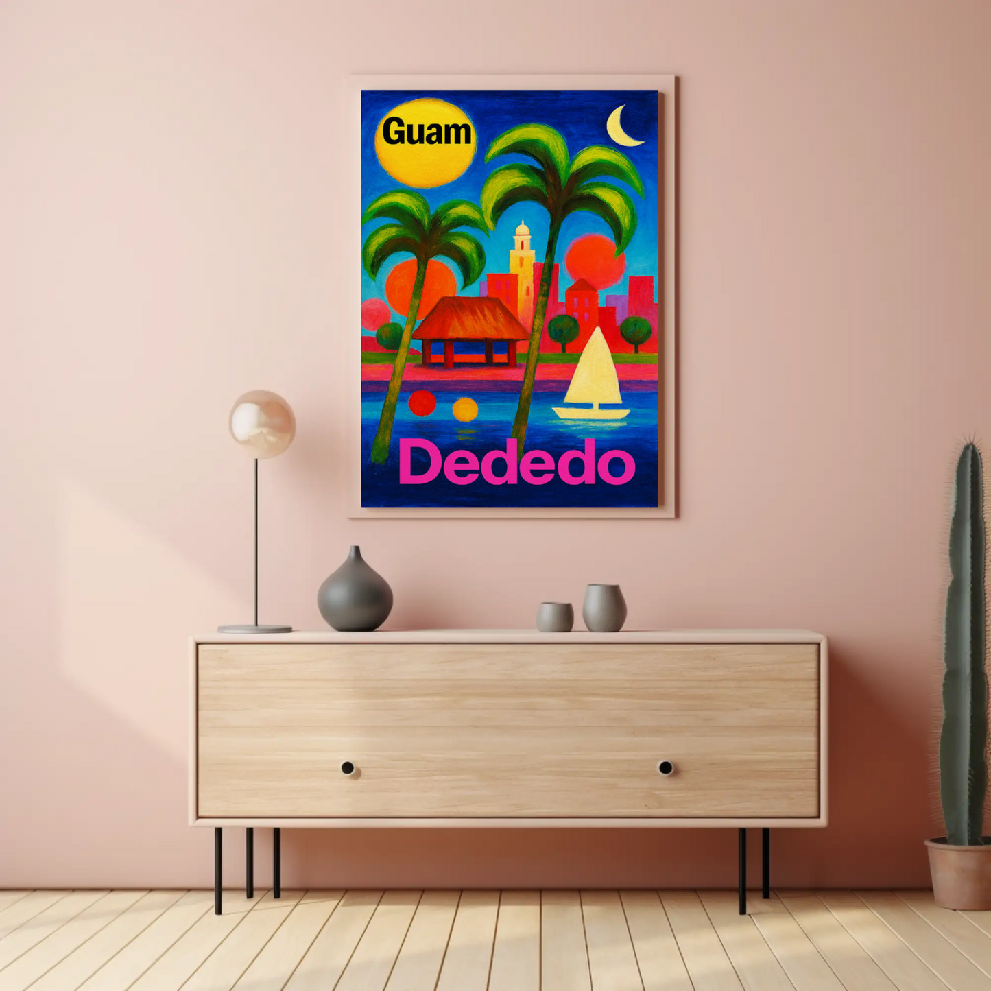 Dededo Guam Colorful Skyline Moonlight Travel Poster