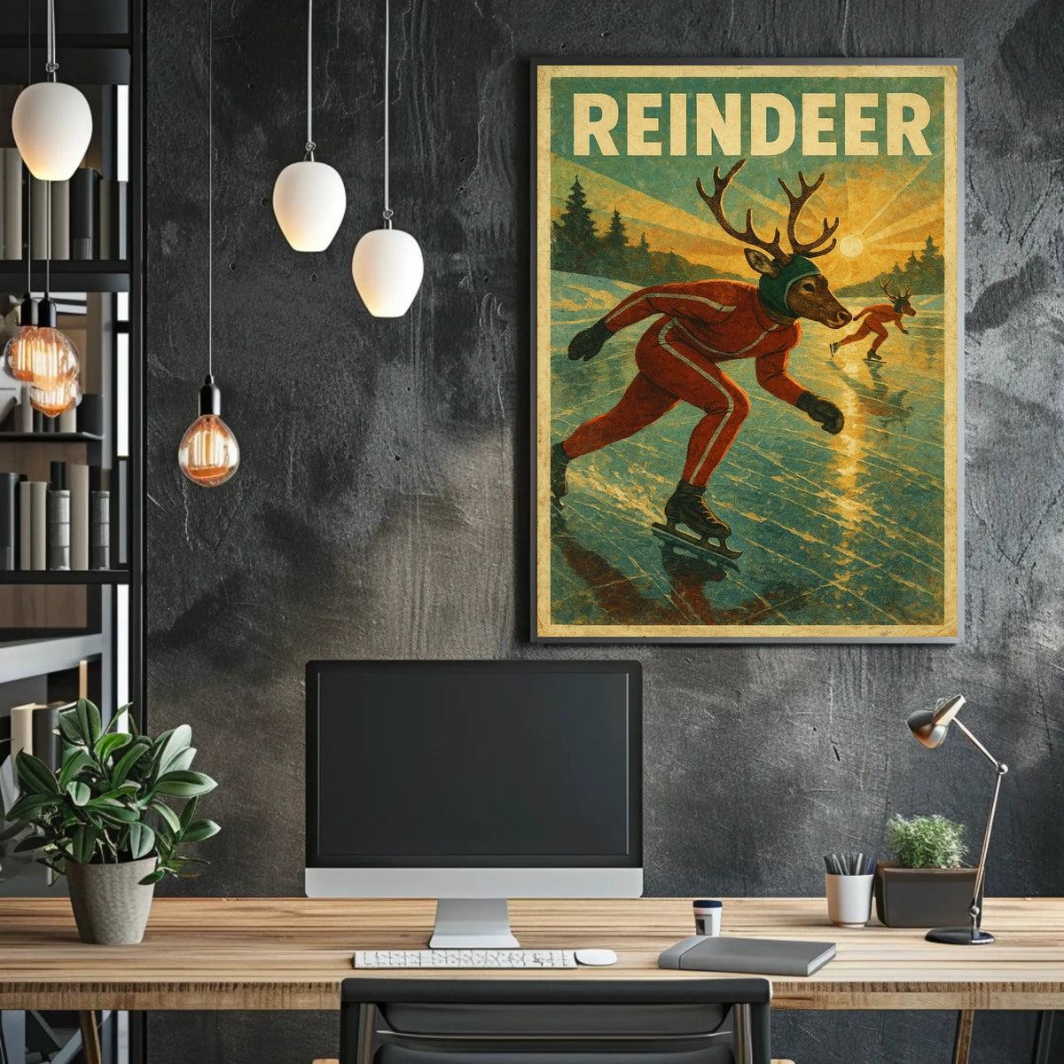 Surreal Reindeer Ice Skating Fantasy Artistic Poster
