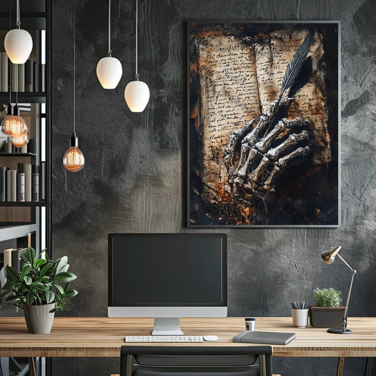 Skeletal Hand with Quill Art Print - Abstract Poster