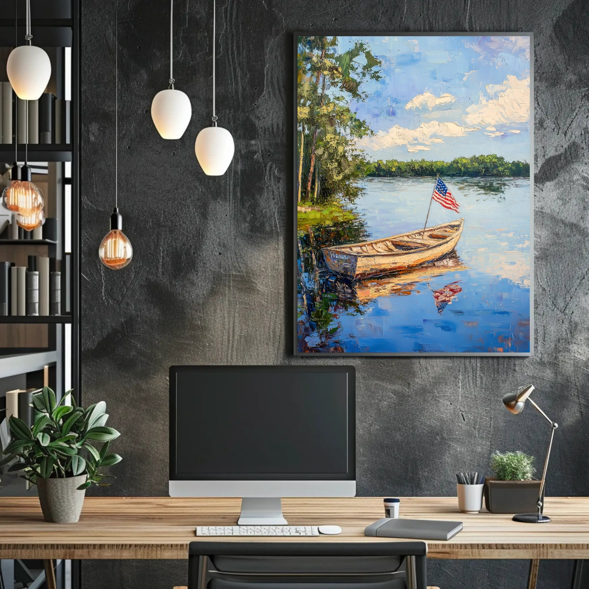 Tranquil Boat On A Calm Lake With American Flag Poster