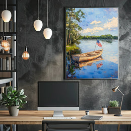 Tranquil Boat On A Calm Lake With American Flag Poster