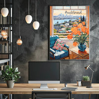 Scenic View of Auckland: Cozy Interior with Blue Armchair and Harbor Poster