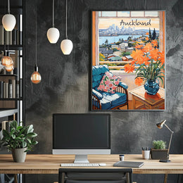 Scenic View of Auckland: Cozy Interior with Blue Armchair and Harbor Poster