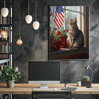 tabby cat sitting in a windowsill Poster