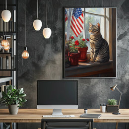 tabby cat sitting in a windowsill Poster