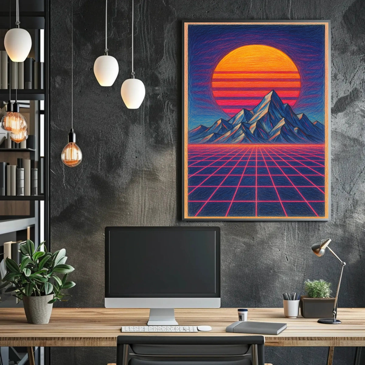Retro-Futuristic Neon Landscape Poster - Futuristic Sci-Fi Poster