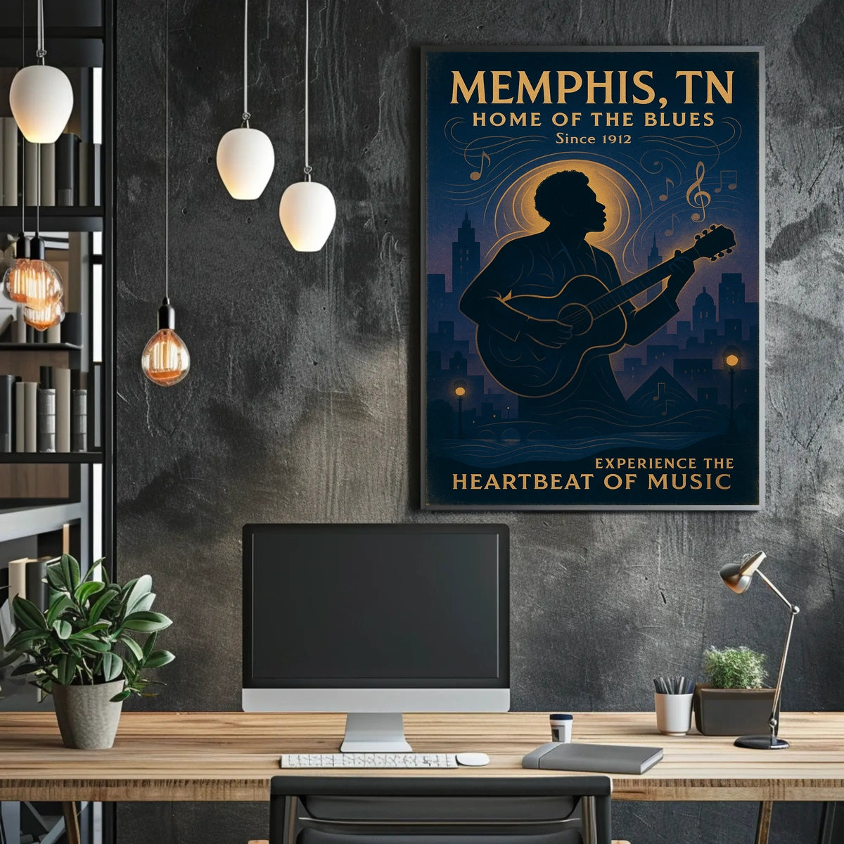 Memphis Blues Guitarist Vintage Cityscape Poster
