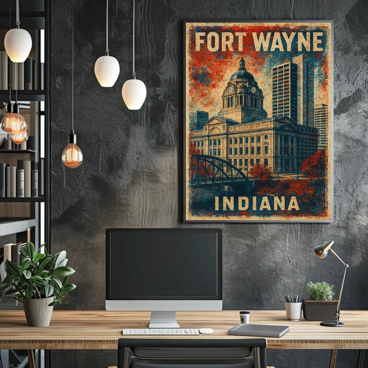 Fort Wayne Indiana Cityscape Vintage Wanderlust Poster