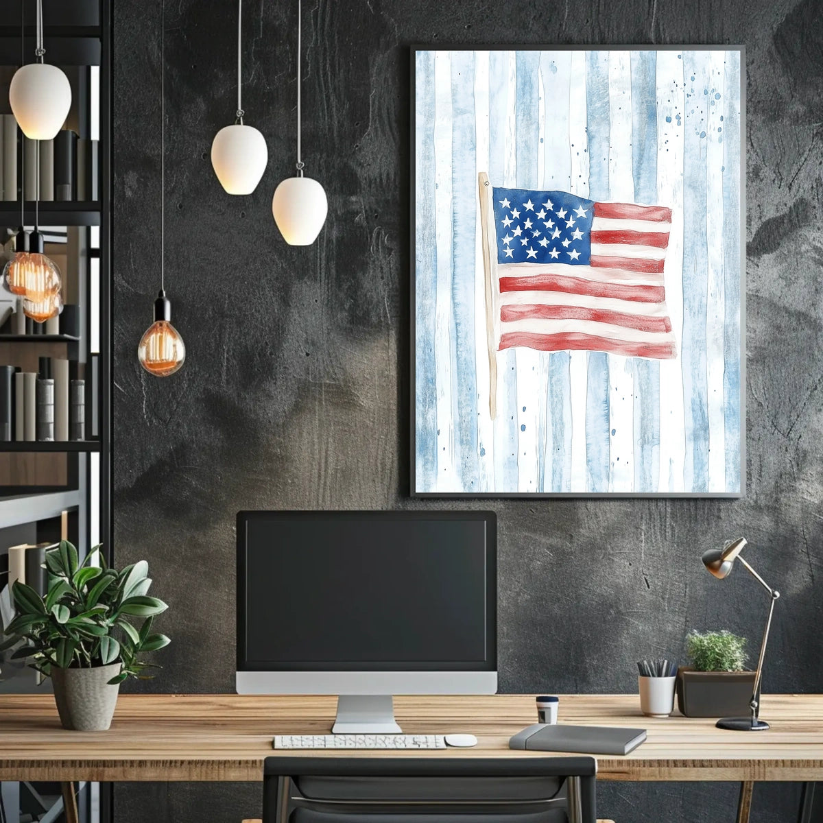 Watercolor Kitten In Basket With American Flag Poster