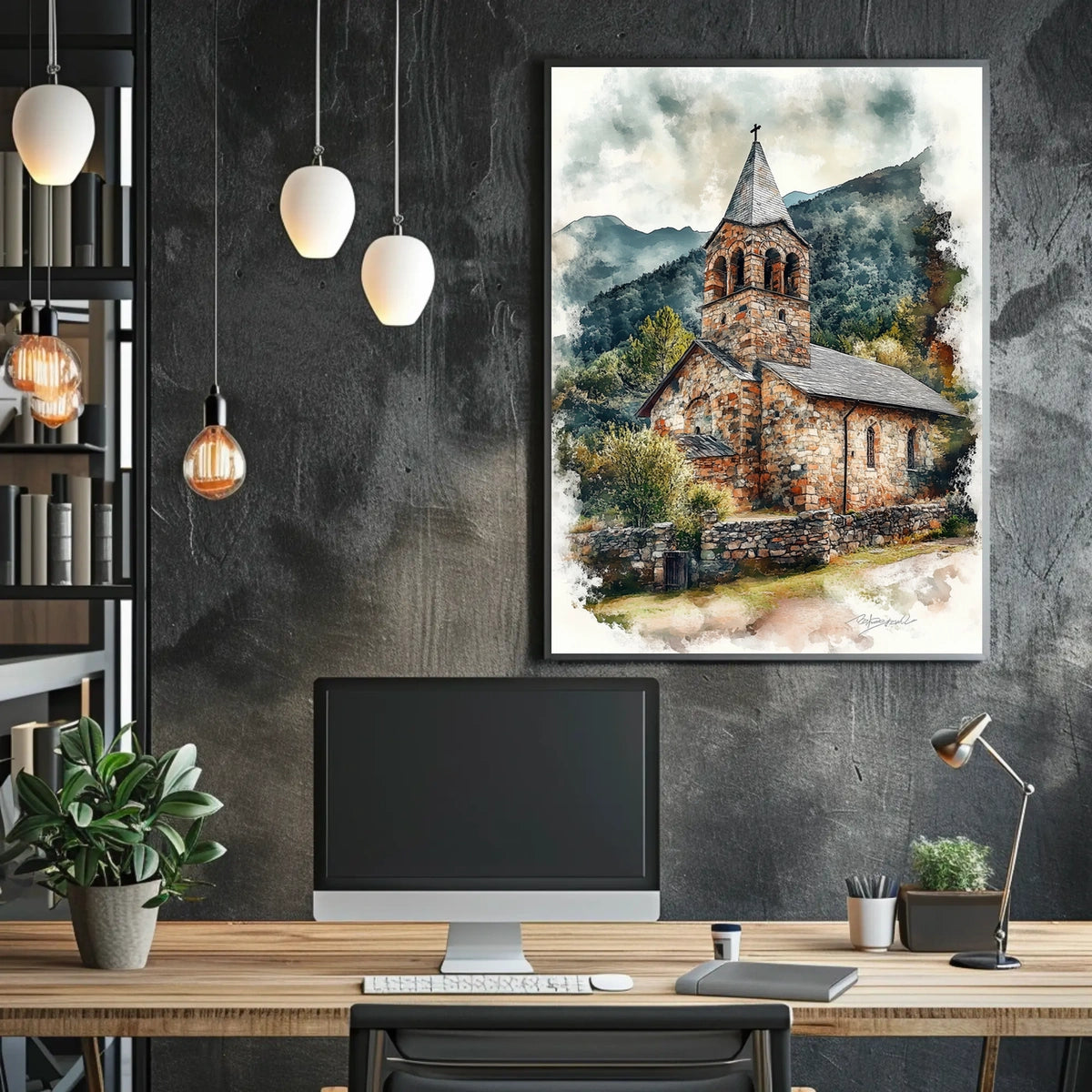 Andorra Romanesque Church Village Scene Poster