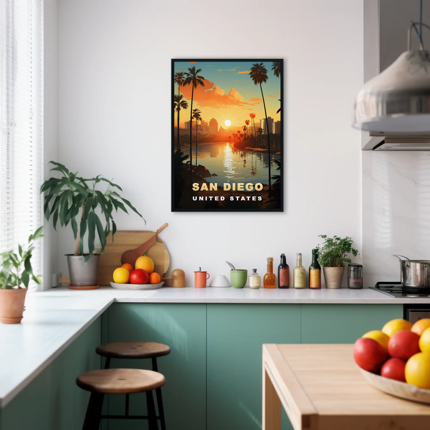 San Diego California Coastline Sunset Palms Vintage Travel Poster