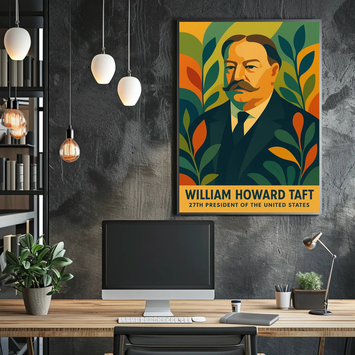 William Howard Taft Patriotic Pop Art Portrait Bold Colors Geometric Leaves Vintage Modern Poster